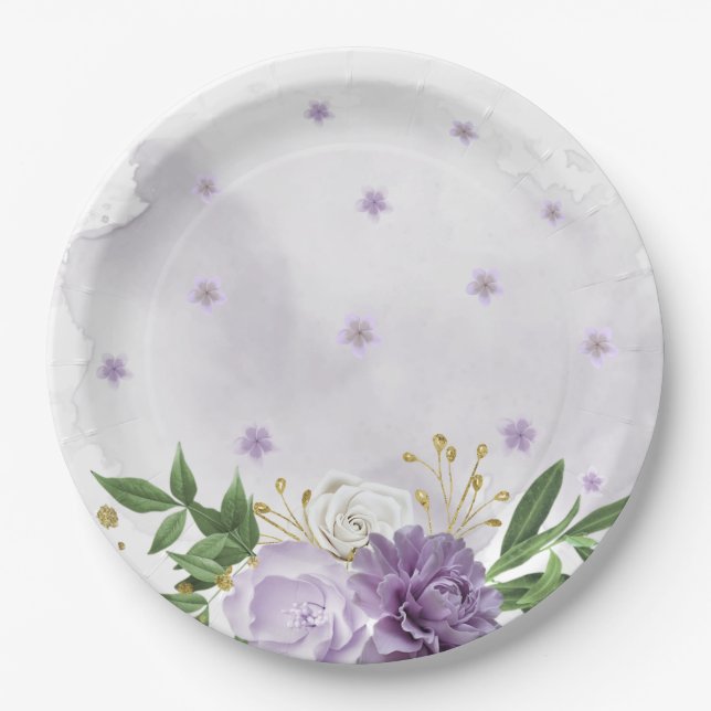 purple mauve white floral greenery paper plate (Front)