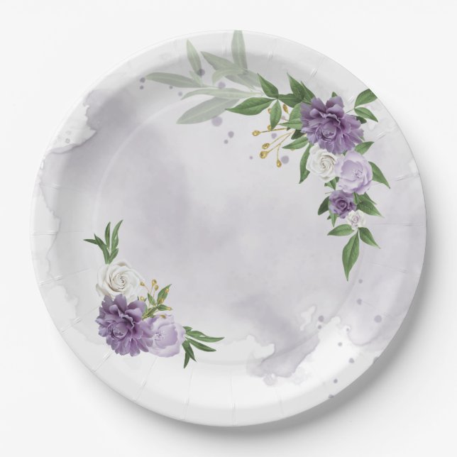 purple mauve white floral greenery paper plate (Front)