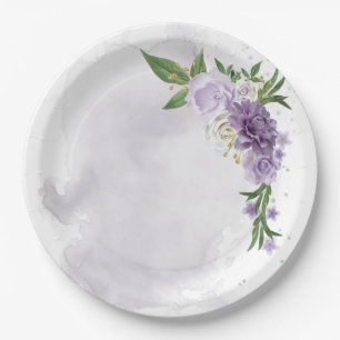 purple mauve white floral paper plate