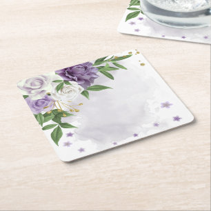purple mauve white floral square paper coaster