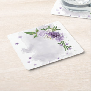 purple mauve white floral square paper coaster