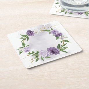 purple mauve white floral square paper coaster