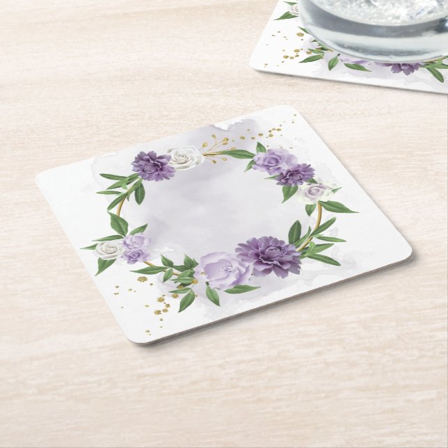 purple mauve white floral square paper coaster (Angled)