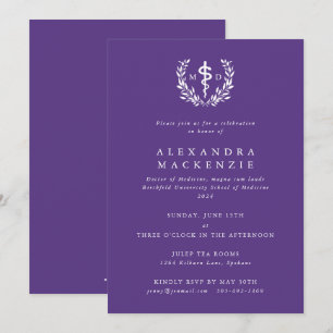 Purple MD Asclepius + Laurel Wreath Graduation Invitation