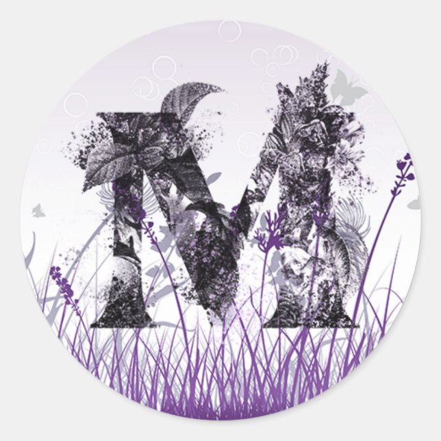 Purple Meadows and Flower Alphabet - Letter M Girl Classic Round Sticker (Front)