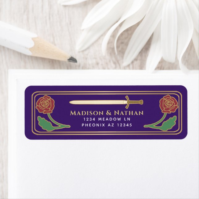 Purple Medieval Fantasy Gold Sword Wedding Label (En situation)