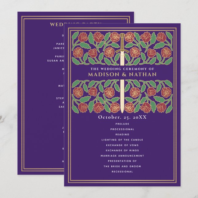 Purple Medieval Gold Floral Sword Royal Wedding Program (Front/Back)