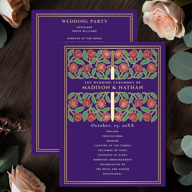 Purple Medieval Gold Floral Sword Royal Wedding Program (Creator Uploaded)
