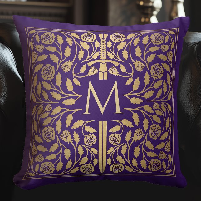 Purple Medieval Gold Sword Monogram Throw Pillow (Creator Uploaded)