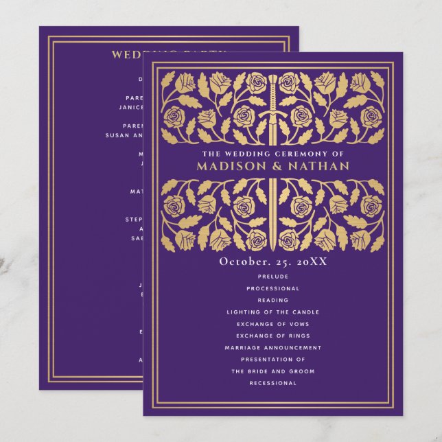Purple Medieval Gold Sword Royal Wedding Program (Front/Back)