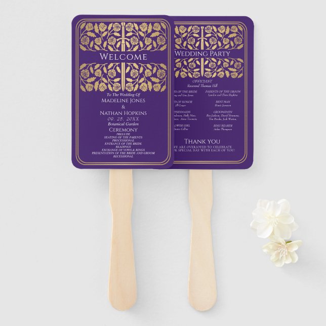 Purple Medieval Gold Sword Royal Wedding Program Hand Fan (Front and Back)