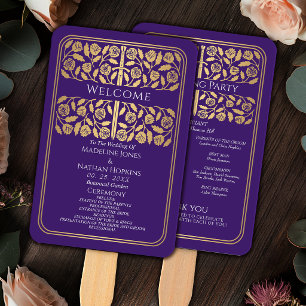 Purple Medieval Gold Sword Royal Wedding Program Hand Fan