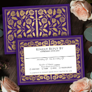 Purple Medieval Gold Sword Royal Wedding RSVP Card