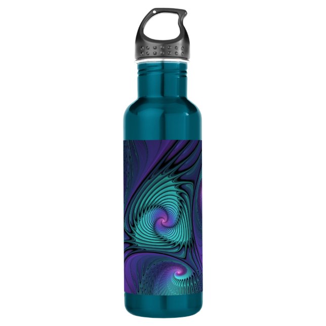 Purple meets Turquoise modern abstract Fractal Art 710 Ml Water Bottle (Front)