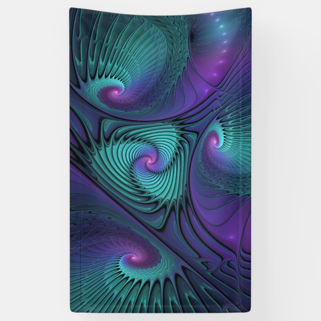 Purple Meets Turquoise Modern Abstract Fractal Art Banner (Vertical)