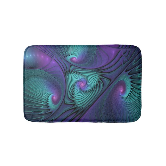 Purple Meets Turquoise Modern Abstract Fractal Art Bath Mat (Front)