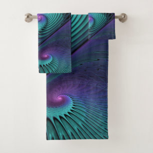 Purple meets Turquoise modern abstract Fractal Art Bath Towel Set