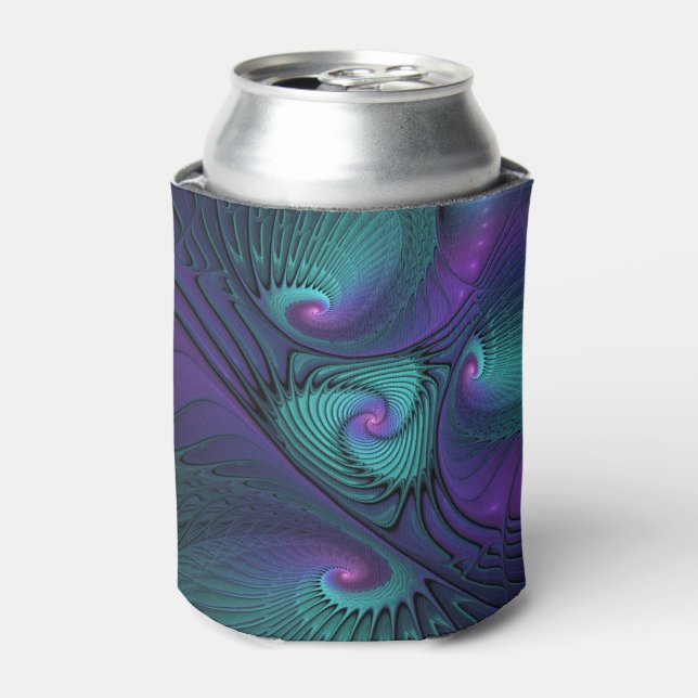 Purple Meets Turquoise Modern Abstract Fractal Art Can Cooler (Can Front)