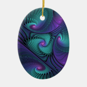 Purple Meets Turquoise Modern Abstract Fractal Art Ceramic Ornament