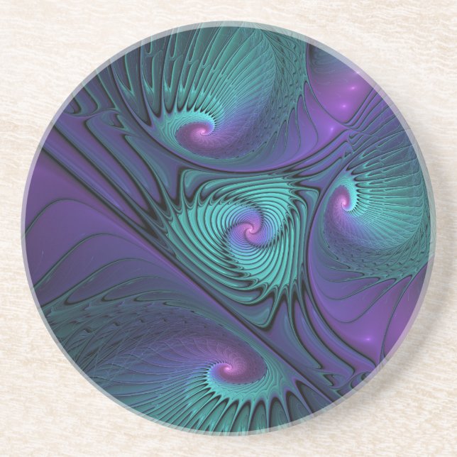 Purple Meets Turquoise Modern Abstract Fractal Art Coaster (Front)
