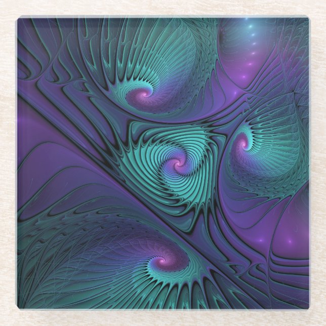 Purple Meets Turquoise Modern Abstract Fractal Art Glass Coaster (Front)