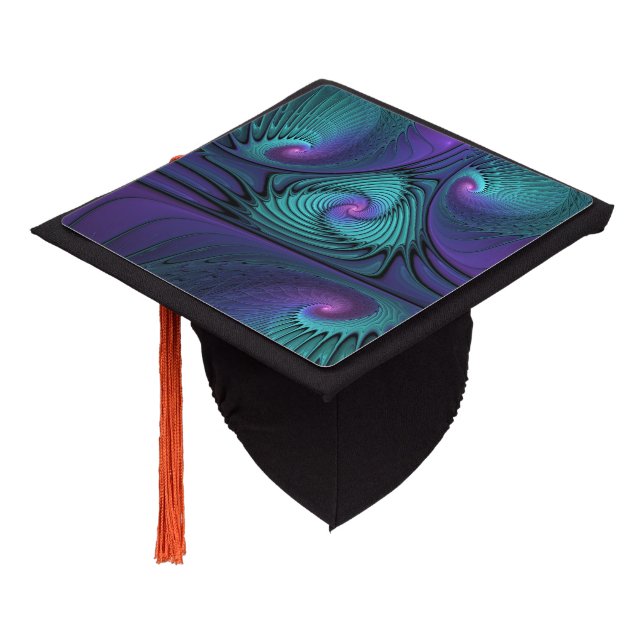 Purple meets Turquoise modern abstract Fractal Art Graduation Cap Topper (Angled)