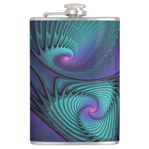 Purple Meets Turquoise Modern Abstract Fractal Art Hip Flask