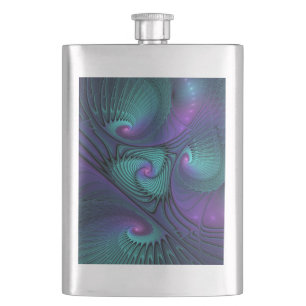 Purple Meets Turquoise Modern Abstract Fractal Art Hip Flask