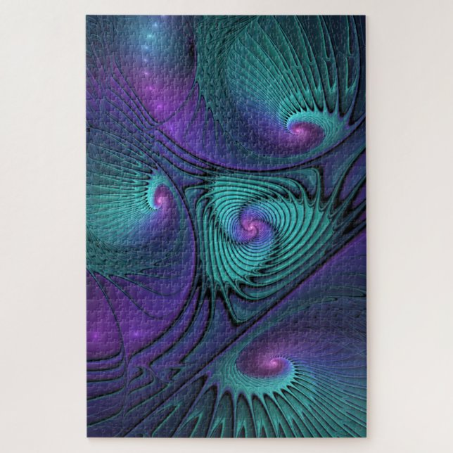 Purple meets Turquoise modern abstract Fractal Art Jigsaw Puzzle (Vertical)