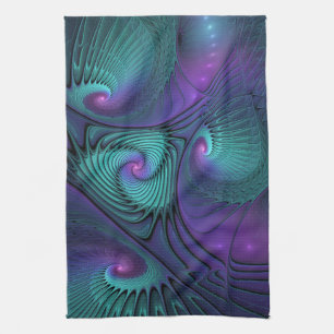 Purple meets Turquoise modern abstract Fractal Art Kitchen Towel