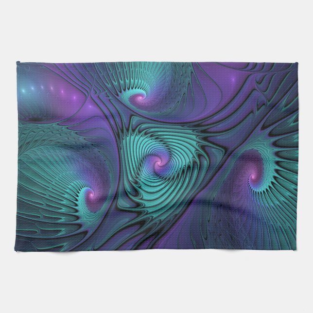Purple meets Turquoise modern abstract Fractal Art Kitchen Towel (Horizontal)