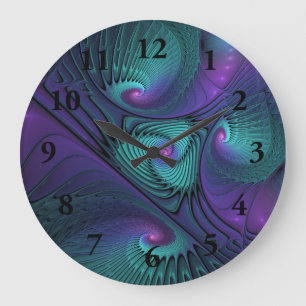Purple meets Turquoise modern abstract Fractal Art Large Clock
