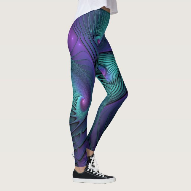 Purple meets Turquoise modern abstract Fractal Art Leggings (Right)