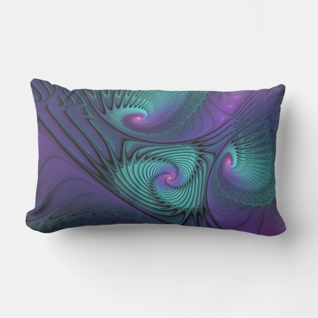 Purple Meets Turquoise Modern Abstract Fractal Art Lumbar Pillow (Front)