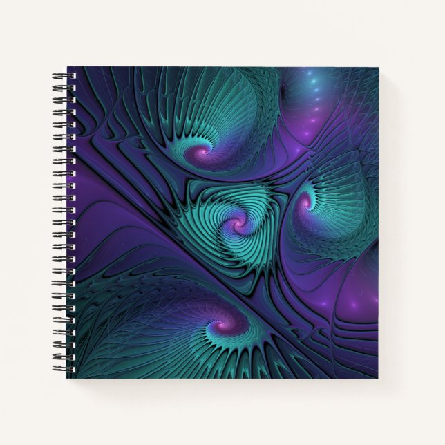 Purple Meets Turquoise Modern Abstract Fractal Art Notebook (Front)