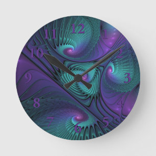 Purple Meets Turquoise Modern Abstract Fractal Art Round Clock