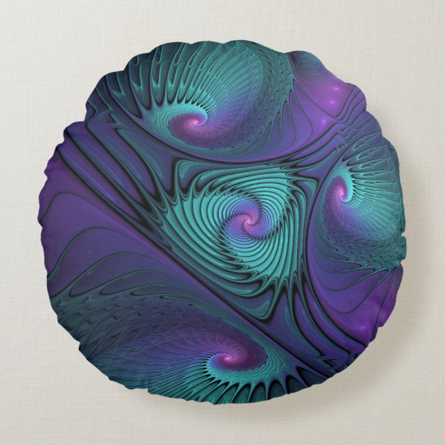 Purple meets Turquoise modern abstract Fractal Art Round Pillow (Front)