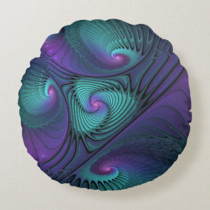 Purple meets Turquoise modern abstract Fractal Art Round Pillow