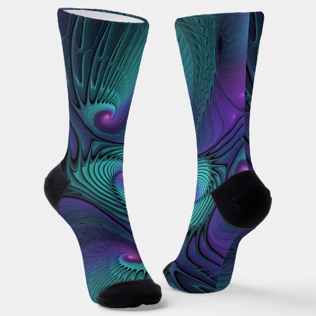Purple meets Turquoise modern abstract Fractal Art Socks (Angled)