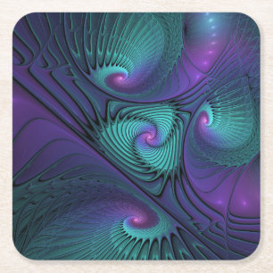 Purple Meets Turquoise Modern Abstract Fractal Art Square Paper Coaster