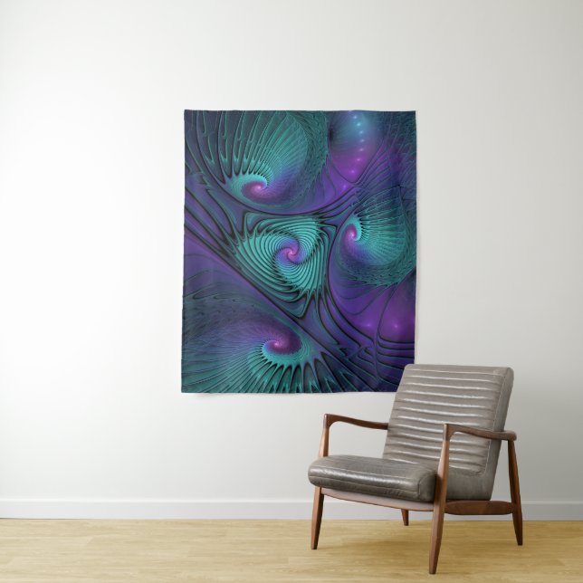 Purple meets Turquoise modern abstract Fractal Art Tapestry (In Situ)