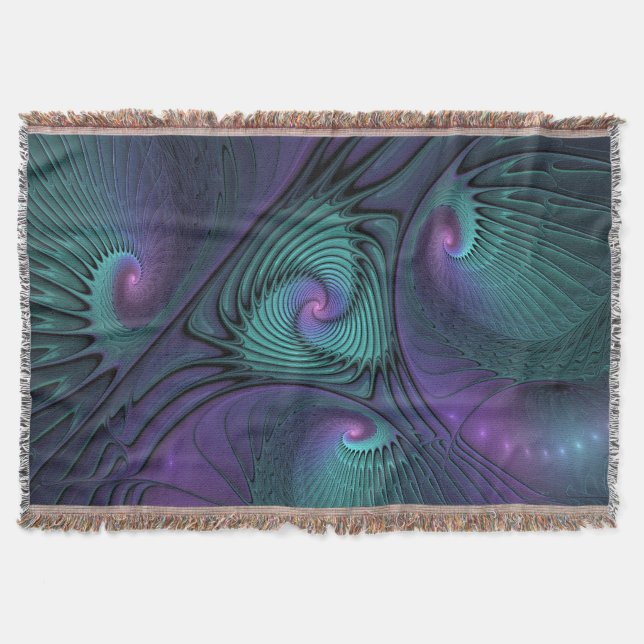 Purple meets Turquoise modern abstract Fractal Art Throw Blanket (Front)