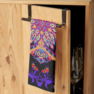 Purple Mehndi Floral Artwork, Violet Nature Kitchen Towel