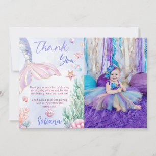 Purple Mermaid 1st Birthday Oneder the Sea Photo Thank You Card