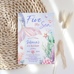 Purple Mermaid 5th Birthday Five the Sea  Invitation