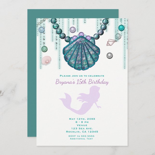 Purple Mermaid Beach Birthday Party Invitations (Front/Back)
