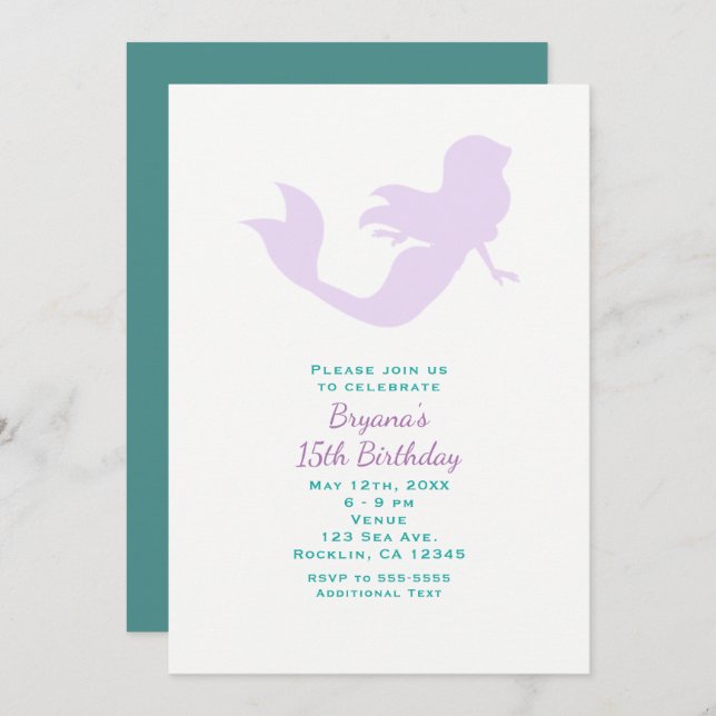 Purple Mermaid Beach Birthday Party Invitations (Front/Back)