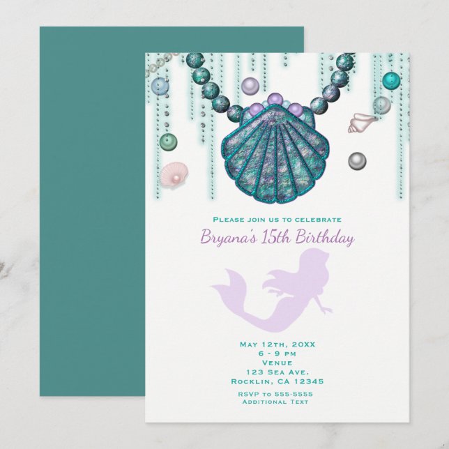 Purple Mermaid Beach Invitations de fête d'anniver (Devant / Derrière)