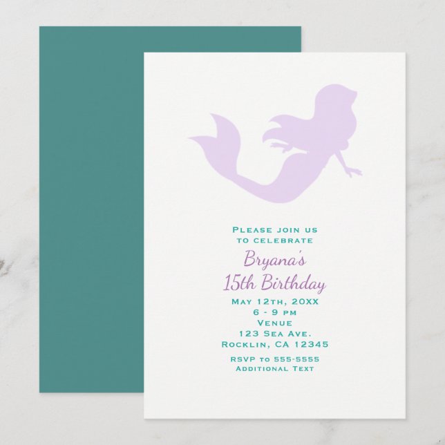 Purple Mermaid Beach Invitations de fête d'anniver (Devant / Derrière)