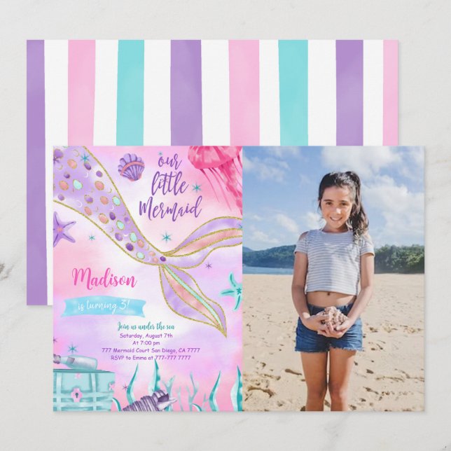 Purple Mermaid Birthday Invitation With Photo (Front/Back)